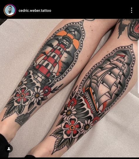 Old School Tattoo Lighthouse, Lighthouse And Ship Tattoo, Old School Lighthouse Tattoo, Lighthouse Traditional Tattoo, Lighthouse Tattoo Traditional, American Traditional Lighthouse Tattoo, Clipper Ship Tattoo, Tattoo Ship, Traditional Nautical Tattoo