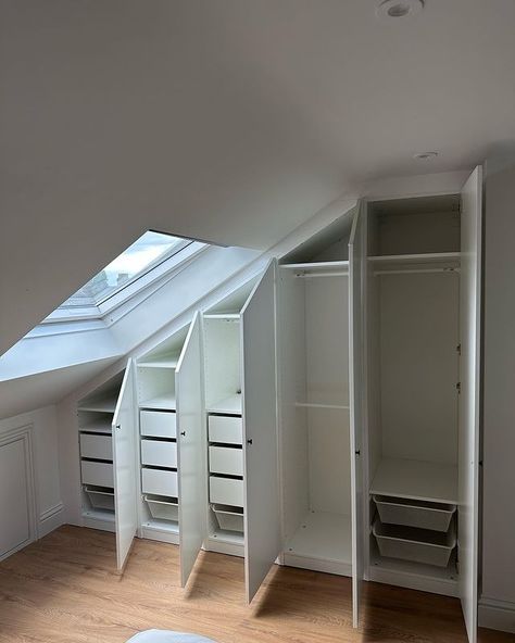 ikea pax sloped ceiling • Instagram Pax Sloped Ceiling, Ikea Pax Sloped Ceiling, Sloped Wardrobe, Wardrobe Sloped Ceiling, Slanted Closet Ideas Sloped Ceiling, Sloped Ceiling Wardrobe, Bedroom With Sloped Ceiling, Pax Ikea Wardrobe, Sloped Ceiling Bedroom Ideas