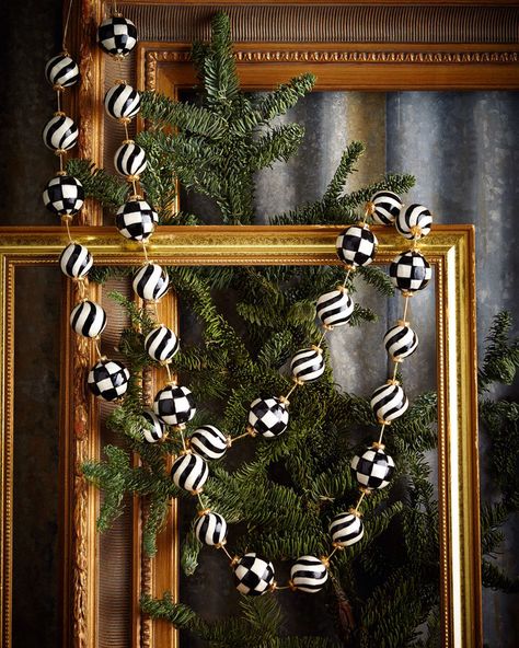 MacKenzie-Childs Capiz Garland may contain affiliate links Mackenzie Childs Diy, Mackenzie Childs Inspired, Mckenzie And Childs, Outside Christmas Decorations, Black White Christmas, Gold Christmas Decorations, Holiday Garlands, Christmas Wonderland, Black Christmas