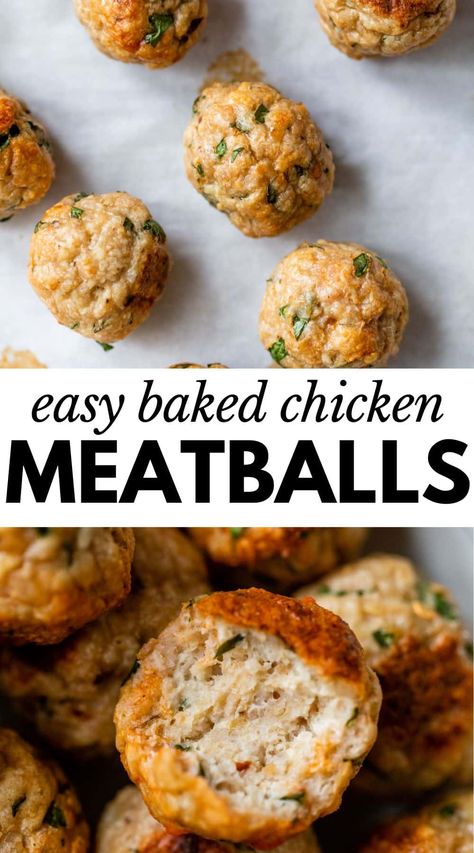 These Baked Chicken Meatballs are made with minimal ingredients and are bursting with irresistible Italian flavor. They’re delicious served on their own or covered in sauce on top of pasta. Chicken Meatballs And Pasta Healthy, Chicken Meatballs Oven Baked, Chicken Cheese Meatballs, Chicken Spinach Meatballs Baked, Minimal Ingredient Healthy Recipes, Chicken Broccoli Meatballs, Simple Chicken Meatballs, Green Chicken Meatballs, Ground Chicken Meatballs Baked