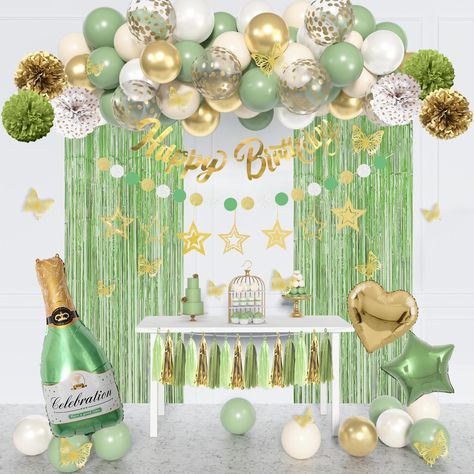 PRICES MAY VARY. Sage Green Party Decorations: Our 96pcs sage green party decorations kit include 2pcs sage green fringe curtains, 1pc "HAPPY BIRTHDAY " banner, 15pcs paper tassels, 7pcs gold glitter hanging star, 6pcs tissue pompoms, 10pcs gold butterfly stickers, 1pc circle dots garland, 1pc gold foil heart balloon, 1pc green foil star balloon, 1pc gold crown balloon, 1pc foil wine bottle balloon, 8pcs gold confetti balloons, 37pcs 10” balloons(sage green/ metal gold/ pearl white/ ivory). Mult Green Birthday Party Decorations, Sage Green Birthday Party, Brat Birthday, Sage Green Birthday, Communion Decor, Crown Balloon, Green Birthday Party, Bride To Be Decorations, Butterfly Circle