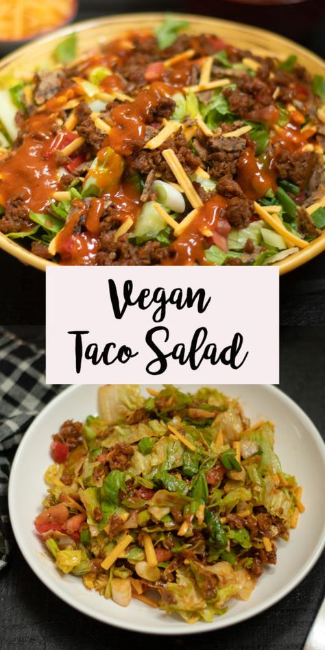 Vegan Taco Salad - Thyme & Love Taco Recipes Vegetarian, Taco Salad Recipe With Catalina Dressing, Vegan Taco Salad Recipe, Homemade Catalina Dressing, Taco Salad With Catalina Dressing, Catalina Dressing, Vegan Taco Salad, Healthy Food Quotes, Vegan Cheddar Cheese