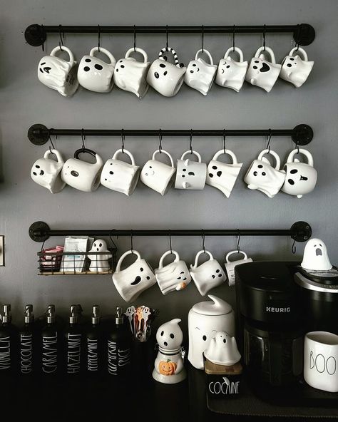 Ghost House Decor, How To Display Mugs In Kitchen, Ghost House Decoration, Halloween Mug Display, Ghost Home Decor, Ghost Bathroom Decor, Ghost Kitchen Decor, Joana Core, Oregon Halloween