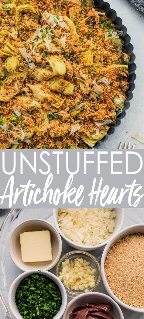 Stuffed Artichoke Hearts take the work out of stuffing an artichoke. Hearts are topped with a stuffing of breadcrumbs, parmesan & garlic. // appetizers // recipes // baked // italian Stuffed Artichoke Recipes Baked, Baked Artichoke Casserole, Baked Stuffed Artichokes, Baked Artichoke Hearts Casserole, Stuffed Artichoke Dip, Artichoke Casserole Italian, Stuffed Artichoke Casserole, Baked Artichoke Recipes, Marinated Artichoke Hearts Recipes