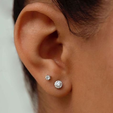 For the girl that loves a simple ear stack, our classic 14K diamond studs are made just for you Double Piercing Earrings Diamond Studs, Double Ear Piercings Studs, Ear Piercings Diamonds, Double Ear Piercing Studs, Piercings Idea, 2nd Ear Piercing, Simple Diamond Earrings, Double Ear Piercings, Ear Piercing Studs