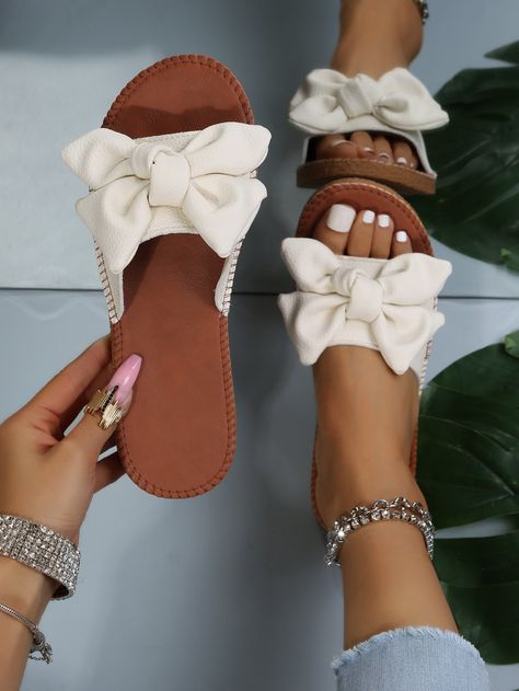 Beige Glamorous Collar   Plain Slides Embellished   Women Shoes Bow Sandals Outfit, Stylish Shoes Heels, Heel Sandals Outfit, Women Flat Sandals, Trendy Heels, Pretty Sandals, Bow Decor, Fashion Slippers, Stunning Shoes