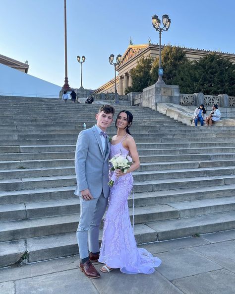 Lavender Prom Dress With Date, Lilac Purple Prom Couple, Light Purple Hoco Couple, Lilac Prom Dress Couple, Periwinkle Prom Couple, Lilac Prom Suit, Light Purple Prom Dress Couple, Lavender Prom Suit, Hoco Colors