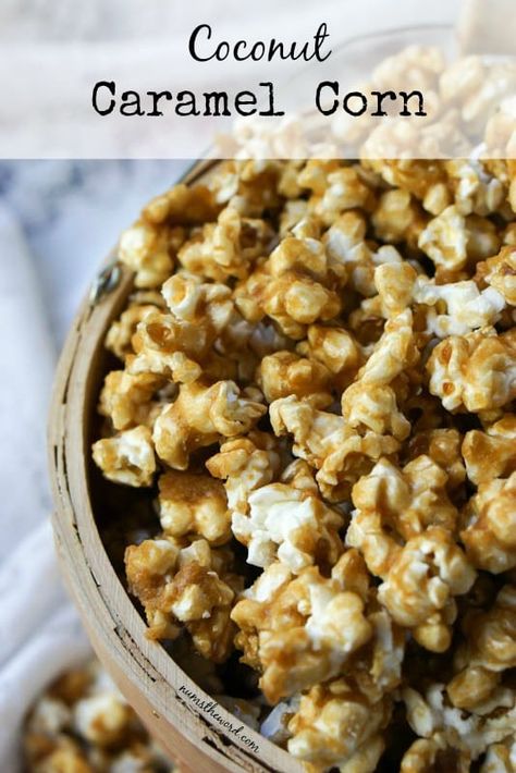 Coconut Caramel Corn - Main image for recipe Desserts Coconut, Snack Mixes, Popcorn Treats, Coconut Oil Recipes, Muddy Buddies, Coconut Caramel, Peanut Butter Desserts, Flavored Popcorn, Caramel Corn