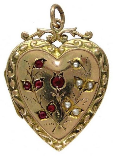 Corazón victoriano Rose Gold Locket, Red Stones, Vintage Lockets, Victorian Gold, Gold Locket, Ruby Jewelry, Silver Lockets, Victorian Jewelry, Heart Locket