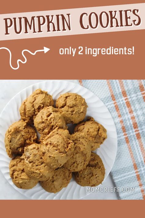 These two ingredient pumpkin spice cookies are as easy as they are delicious. Quick to make too! Ww Pumpkin Cookies, 2 Ingredient Pumpkin Cookies, Pumpkin Quickies, 2 Ingredient Pumpkin Muffins, Pumpkin Cookies Easy, Spice Cake Mix And Pumpkin, Pumpkin Spice Donut, Pumpkin Spice Cookies, Two Ingredient