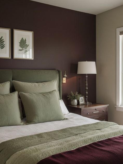 Create a cozy atmosphere in your bedroom with an accent wall. Choose a warm and inviting color like a deep burgundy or a soothing sage green. Complete the look with soft, textured pillows and a plush throw blanket. Burgundy Bedroom Ideas, Warm Bedroom Ideas, Burgundy Room, Burgundy Bedroom, Sage Bedroom, Textured Pillows, Burgundy Walls, Accent Wall Ideas, Sage Green Bedroom