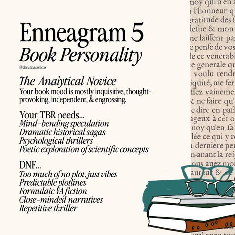 enneagram 5s are typically perceived as book nerds within enneagram lore shall we say, so these results i was especially excited for! Continuing my new bookish series where I share some data about your most voted favorite genres, tropes, etc. based on your enneagram type! Enneagram 5s also had a rather eclectic taste in books, and all of them had very specific requirements for the series they devour! My favorite part about the enneagram 5 data was how much y’all do be prepping for the end... Enneagram Quotes, 6 Enneagram, Type 5 Enneagram, Type 6 Enneagram, Enneagram 6, Book Girlies, Enneagram Type 3, Enneagram 3, Enneagram 2