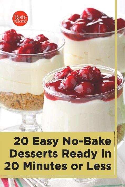 We all need a few recipes for quick, no-bake desserts in our recipe boxes. And by quick we mean from the bowl to the table in 20 minutes or less—no set-up time, no extended chills in the fridge. These treats are ready to eat fast! Snacks Around The House, Really Fast Desserts, Pretzel No Bake Dessert, 20 Minute Dessert Recipes, No Nut Dessert Recipes, Easy And Quick Desserts No Bake, Quick And Easy Cold Desserts, Dessert Recipes Easy Quick No Bake, Sweet Desserts Easy No Bake