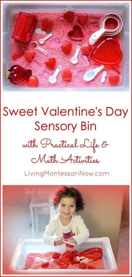 A sweet sensory bin for toddlers and preschoolers with practical life activities and a math scavenger hunt; post includes embedded YouTube video and Montessori Monday linky collection. Preschool Valentines Activities, Valentine Sensory, Activity Sensory, Kindergarten Valentines, February Crafts, Toddler Sensory, Preschool Valentines, Toddler Valentines, Valentine Activities