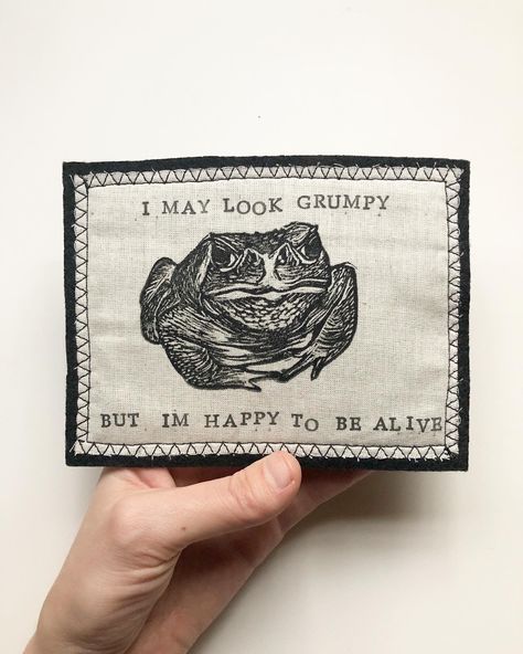 This listing is for one (1) handmade and printed toad patch with text. This patch design was made, carved into a stamp, and printed by me, Kelly (shop owner). Since these are all handmade and hand printed, they will each have minor print variations.  These patches are 5 inches x 4 inches.  > Choose option of iron-on backing or sew-on at checkout. Sew-on patches cannot be ironed onto garments/fabric.  > Choose option of thread/stitching color at checkout. All thread used is either secondhand or 1 Patch Jacket, Handmade Patch, Garment Fabric, Patches Jacket, Black Felt, Patch Design, Iron On Patch, Paper Envelopes, Sew On Patches