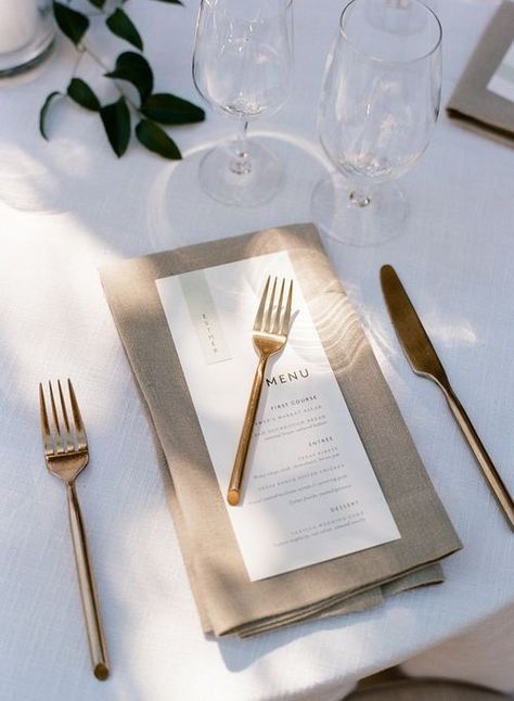 Wedding Napkins With Menu Cards, Wedding Napkin Ideas Place Settings, Tan Napkins Wedding, Wedding Menu And Napkin, Napkin Wedding Setting, Neutral Place Setting Wedding, Taupe Napkins Wedding, Paper Napkin Folding Ideas Wedding Table Settings, Champagne Napkins Wedding