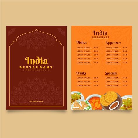 Vector flat indian menu template | Premium Vector #Freepik #vector #menu-restaurante #menu-template #food-menu #menu Simple Menu Card Design, Indian Food Graphic Design, Traditional Menu Design, Indian Menu Design, Menu Design Ideas Templates, Lunch Menu Ideas, Resturant Menu, Indian Food Menu, Restaurant Menu Card