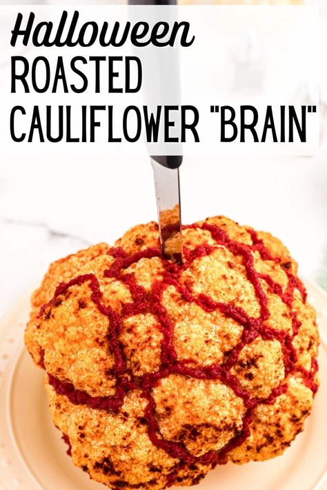 Make this spooky and grotesque Roasted Cauliflower Brains for your Halloween dinner table or Halloween party. This is actually a really healthy and delicious plant-based dish that is gluten-free too. This is a perfect vegetable recipe for the season. Halloween Roasted Veggies, Halloween Cauliflower Skull, Spaghetti Brains Halloween, Halloween Party Food Vegetables, Spooky Veggies For Halloween, Halloween Vegetables Dishes, Cauliflower Brain Halloween, Vegan Halloween Recipes Savory, Spooky Halloween Dishes Food Ideas