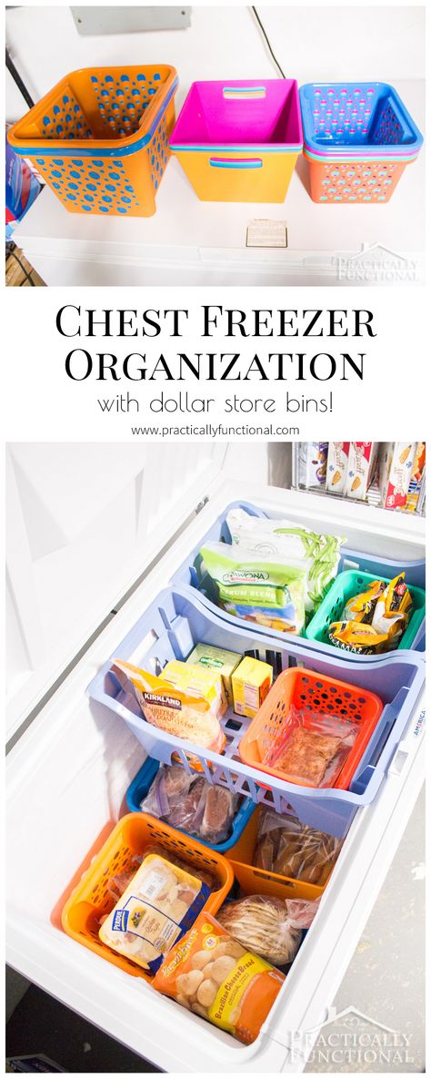 Organize your chest freezer in under half an hour with dollar store bins! Great chest freezer organization system; easy to maintain too! Deep Freezer Organization, Organized Refrigerator, Deep Pantry Organization, Chest Freezer Organization, Apartment Kitchen Organization, Dollar Store Bins, Organize Life, Freezer Organization, Dollar Store Hacks