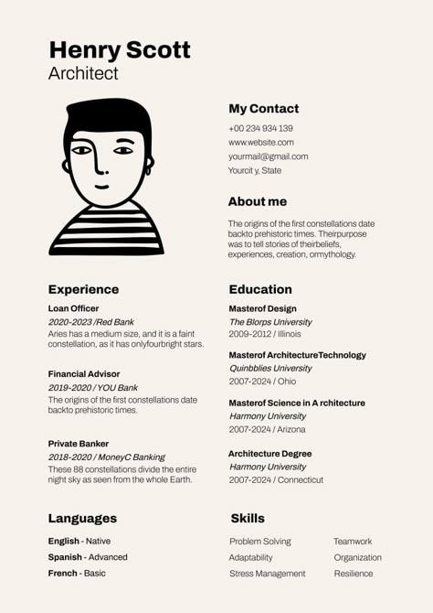 Linear Hand-drawn Henry Scott Architect Resume Cv Inspiration Design, Cv Designer Graphic, Architect Cv, Cv Design Template Free, Photo Cv, Curriculum Vitae Design, Art Resume, Retail Resume, Architect Resume