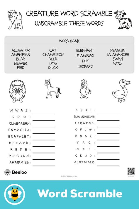 Advanced animal-themed word scramble for kids ages 8 and up Scramble Words Worksheet, Word Scramble For Kids, 3rd Grade Words, Unscramble Words, Scramble Words, Crafts And Activities For Kids, Animal Printables, Word Scramble, Word Bank