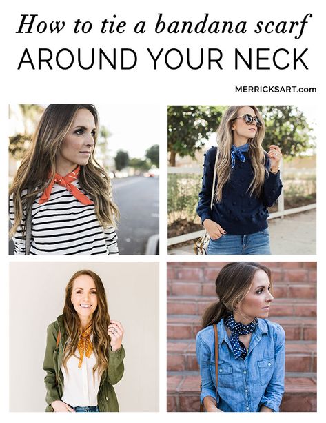 How to Tie a Bandana Scarf Around Your Neck | Merrick's Art | Merrick's Art How To Neck Scarf, Tie Neck Scarf How To, Wearing Bandanas Around Neck, Wearing A Bandana Around Neck, Neck Tie Scarf Outfit, How To Style Bandana Around Neck, How To Tie Neck Bandana, Outfit With Bandana Around Neck, Tying A Bandana Around Neck