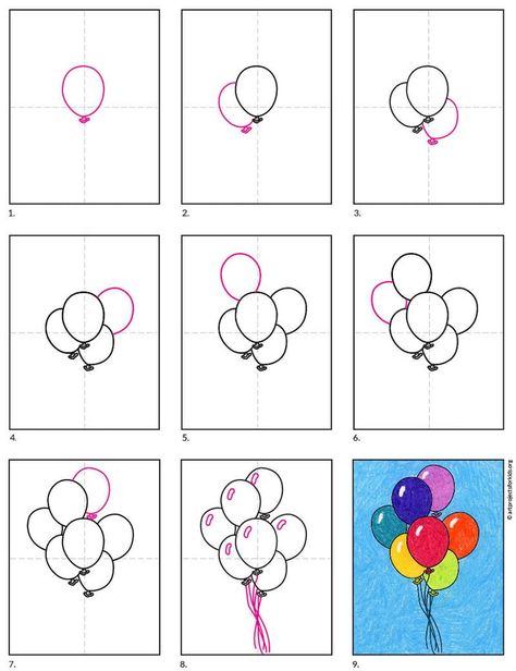 Balloon Art Paint, Balloon Art Painting, Draw Balloons, Ballon Drawing, Alphabet Objects, Doodles Tutorial, Tiny Doodles, How To Draw Balloons, Balloon Drawing