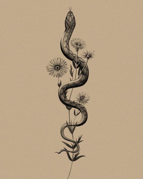 Floral Spine Tattoo, Snake And Flowers Tattoo, Snake And Flowers, Draw Tattoo, Cobra Tattoo, Flores Tattoo, Serpent Tattoo, Petit Tattoo, Snake Tattoo Design