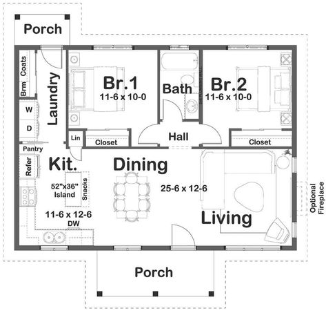 Main level floor plan of a two-story country style 2-bedroom home with living room, dining area, kitchen, laundry, two bedrooms, and a shared bath. Porch Floor Plan, Tiny Home Floorplan, Two Bedroom Tiny House, Covered Front Porch, Floor Plan Creator, Porch Floor, Affordable House Plans, Porch House Plans, Shingle Siding