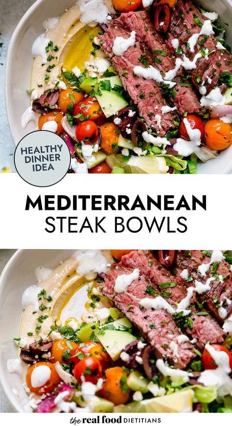 Crisp greens and creamy hummus are topped with a pile of rainbow-colored veggies and perfectly grilled steak in this Mediterranean Steak Bowl. Whole 30 Greek Bowl, Recipes For Dinner Healthy Low Carb, Healthy Delicious Recipes Dinner, Hummus Bowl Lunch, Bowl Dinners Healthy, Keto Steak Bowl, Easy Healthy Dinner Bowls, Mediterranean Recipes Steak, Healthy Recipes With Steak