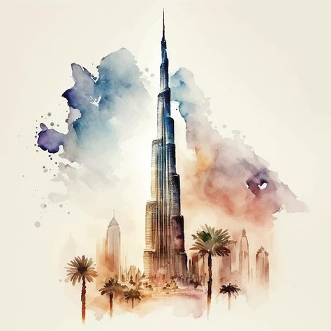 Uae Landscape Painting, Uae Art Painting, Dubai Graphic Design, Dubai Watercolor, Dubai Sketch, Uae Wallpaper, Dubai Painting, Dubai Illustration, Uae Art