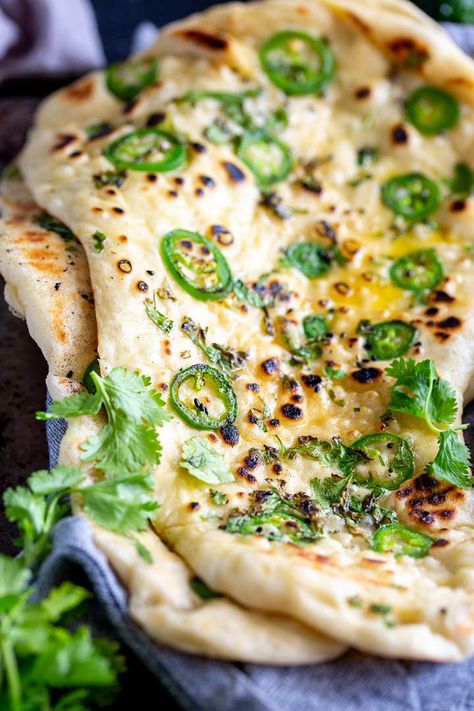 Bullet Naan (Spicy Indian Flatbread) | Sprinkles and Sprouts Naan Photography, Naan At Home, Garlic Naan Recipe, Indian Flatbread, Yeast Dough, Naan Recipe, Flatbread Recipes, Food Photography Inspiration, Naan Bread