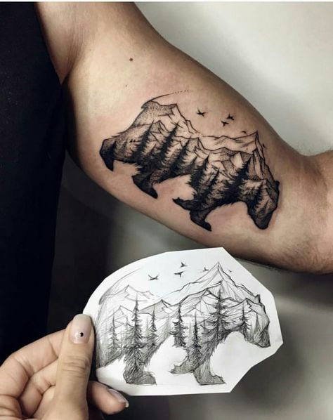 Mountain Tattoos For Men - 62 Simple Designs, Ideas & Meaning Tato Suku, Mountains Tattoo, Tatuagem Masculina Pequena, Model Tattoo, Tato Lengan, Forest Tattoos, Bear Tattoos, Hawaiian Tattoo, Cat Tattoos