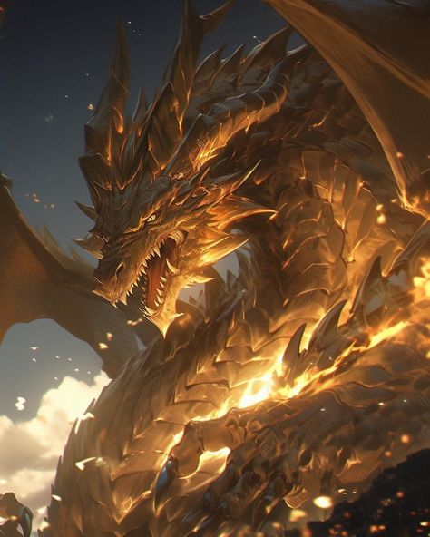 Gold Dragon Aesthetic, Golden Dragon Art, Sun Dragon, Divine Beast, Elemental Dragons, Breathing Fire, Big Dragon, Yellow Dragon, Golden Dragon