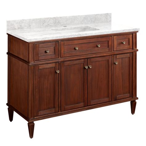 PRICES MAY VARY. Mahogany vanity cabinet with 4 doors, 6 drawers and 3 shelves Granite, marble or quartz vanity top with one undermount vitreous china sink Mirror is not included and must be purchased separately Faucet is not included and must be purchased separately Covered under Signature Hardware's 25 year limited Signature Hardware 953347-48-RUMB-1 Included Components: Mahogany vanity cabinet with 4 doors, 6 drawers and 3 shelves Granite, marble or quartz vanity top with one undermount vitre Elmdale Vanity, Transitional Bathrooms, Mahogany Cabinets, Quartz Vanity Tops, Soft Close Drawer Slides, Vanity Basin, Cabinet Dimensions, Porcelain Sink, Single Sink Vanity