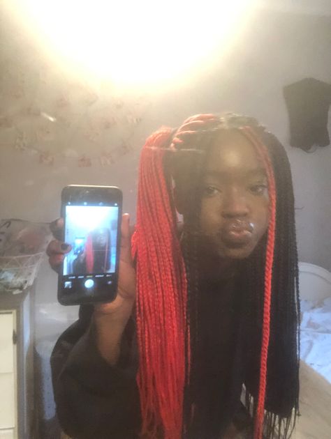 Braids Half Color, Split Dyed Hair Braids, Half Red Half Black Hair Braids, Box Braids Half And Half Color, Split Box Braids, Half Color Braids, Half And Half Braids Color, Split Hair Color Box Braids, Half Black Half Red Braids