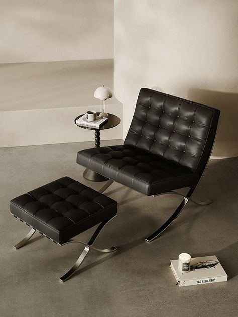 Description The Barcelona Chair is a timeless piece that combines classic design with style and comfort. This black leather armchair comes with thick removable padding to provide optimal support for your spine and neck. Its black color adds a touch of sophistication to any seating arrangement, making it the perfect choice to enhance your home décor. Whether you need an extra high back chair or simply want to enhance your interior, the vintage leather armchair is a great choice. Product Specs Product name Barcelona Chair And Footstool, Black Leather Color Black Dimensions More Details below Materials Real leather on the Contact Surface, Painted Steel, High desity sponge Assembly Yes Warranty 1 year Maximum load capacity 160 kg Delivery 2 to 4 days to all UK Addresses, 5-7 days to EU Dimensi Barcelona Chair Interior, Dubai Moodboard, Barcelona Chair Living Room, Noir Aesthetic, Chair And Footstool, Black Leather Armchair, Vintage Armchair, Black Armchair, Corner Sofa Bed