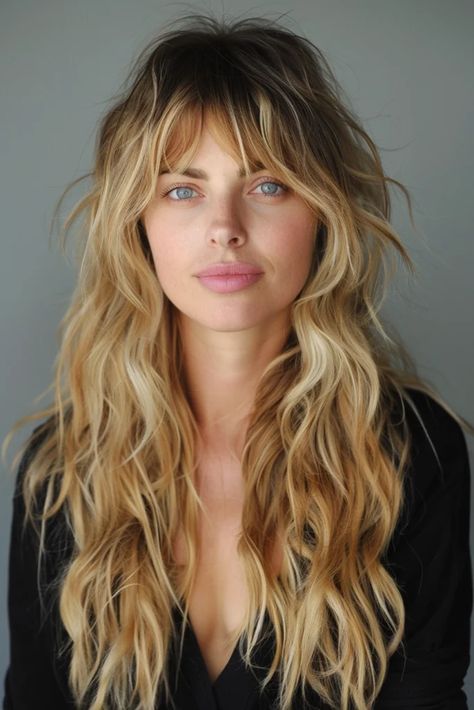 29 Long Layered Hair With Curtain Bangs Styles That Turn Heads Long Blonde Shag With Curtain Bangs, Shag Haircut Long Hair Curtain Bangs, 2024 Haircut Long, Long Hair Bangs Curly, Shag Haircuts Long Hair, Long Layers Haircut Fine Hair, 70s Shag Long Hair, Witchy Blonde Hair, Shaggy Long Blonde Hair