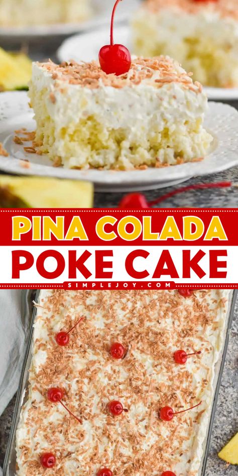 Enjoy a Pina Colada Poke Cake that transforms a box cake mix into a tropical delight! This easy Labor Day party food and fun summer dessert brings the classic pina colada cocktail into poke cake form for a refreshing treat! Pina Colada Poke Cake, Easy Poke Cake, Pina Colada Cocktail, Pina Colada Cake, Cake Form, Homemade Snickers, Cake Simple, Poke Cake Recipes, Sheet Cake Recipes