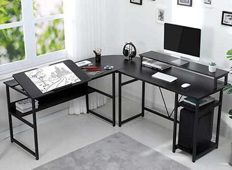 Amazon.com: Sedeta L Shaped Computer Desk, 70.9 inches Corner Computer Desk with Monitor Stand Riser, Drafting Drawing Table with Tiltable Desktop, Workstation Study Writing Table Art Desk for Home Office, Black : Home & Kitchen Drawing Table Desk, Black Corner Desk, L Shaped Computer Desk, Black Computer Desk, Desk For Home Office, Drafting Drawing, Computer Desks For Home, Stand Shelf, Drawing Desk