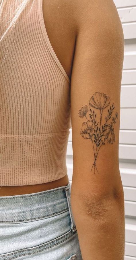 Birth Flower Back Of Arm, Peach And Flower Tattoo, Birth Flower Tattoos Bicep, Back Of Arm Birth Flower Tattoo, Back Arm Flower Tattoo Women, Tattoo Flower Designs For Women, Tattoo Back Of Upper Arm, Birth Flowers Arm Tattoo, Flower Tattoo On Tricep