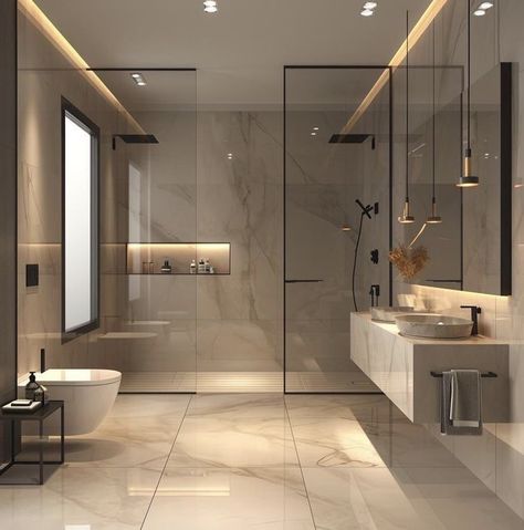 Master Toilet Design Modern, Bathroom Designs With Bathtub, Bathroom Design With Bathtub, Bathroom Interior Modern, Bathroom Ideas With Bathtub, Bathroom Ideas 2024, Bathroom 2024, Modern Master Bath, Elegant Bathroom Design