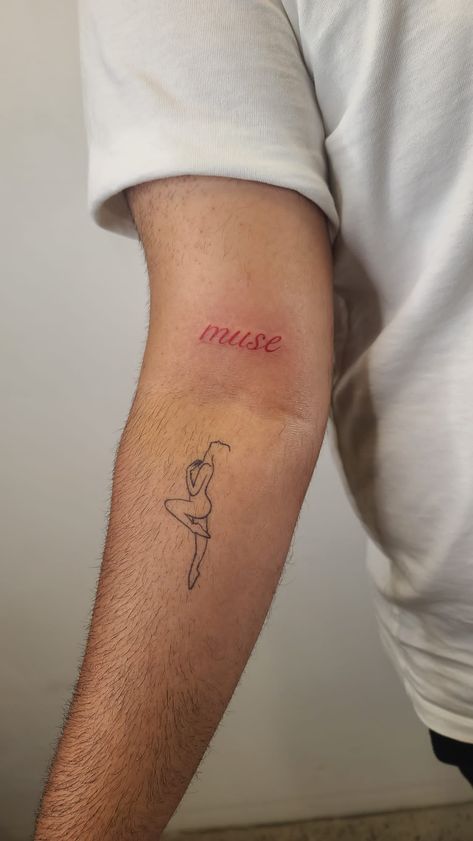 Muse and Ballerina Line tattoo Dancers Tattoo Ideas, Dancer Silhouette Tattoo, I Am My Own Muse Tattoo, My Own Muse Tattoo, Dance Inspired Tattoos, Just Dance Tattoo, Muse Tattoo Words, Dance Tattoo Ideas Dancers, Dance Related Tattoos