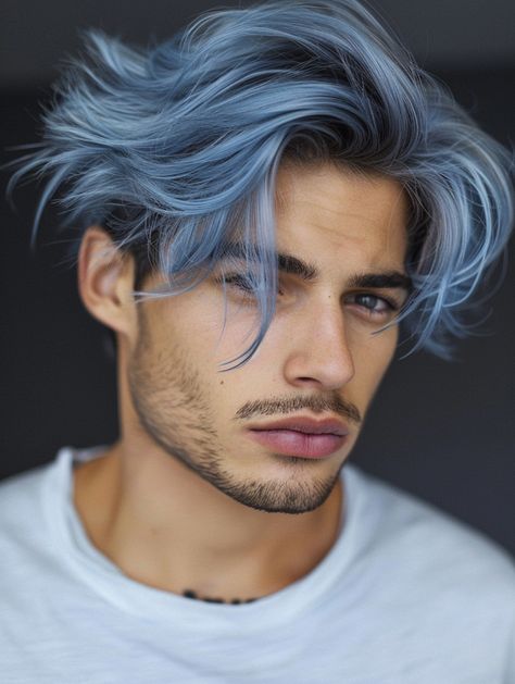 Must Try Two Tone Hair Color Trends Mens Ombre Hair, Men’s Colored Hair, Mens Colored Hair, Mens Hair Dye Ideas, Hair Color Ideas Men, Gray Blue Hair, Blue Hair Men, Smoky Blue Hair, Blue Hair Boy