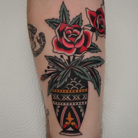 Flowers In Vase Tattoo, Vase Tattoos, Envelope Tattoo, Traditional Lighthouse Tattoo, American Traditional Rose, Vase Tattoo, Traditional Butterfly Tattoo, Persian Tattoo, Traditional Flowers