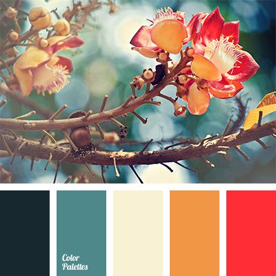 On the background of warm red and orange, turquoise, an initially cold color, acquires a warm, gentle tone. This palette is perfect for a living room, but. Flat Bedroom, In Color Balance, Rojo Color, French Apartment, Color Palette Ideas, Textil Design, Peach Cream, Palette Ideas, Modern French