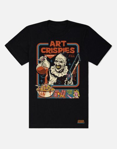 Add a terrifying new look to your casual outfit by adding this officially licensed Art the Clown Crispies Terrifier T Shirt to your casual wardrobe. This awesome graphic tee features the work of Steven Rhodes and is sure to have you looking and feeling cool in any setting. If you're a fan of The Terrifier then this tee is a must-have in your collection. Officially licensed Crewneck Short sleeves Material: Cotton Care: Machine wash; tumble dry low Imported This shirt is Unisex Sizing only For a f The Terrifier, Horror Shirts, Art The Clown, Steven Rhodes, The Clown, Diy Halloween Decorations, Rhodes, Casual Wardrobe, Casual Outfit