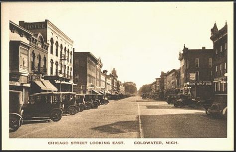 Coldwater Michigan MI 1920s view of downtown along Chicago Street looking East with the Arlington Hotel in the left foreground. Coldwater Michigan, Chicago Street, Flint Michigan, Battle Creek, Vintage Michigan, Welcome Banner, Pure Michigan, Vintage Postcard, Great Lakes