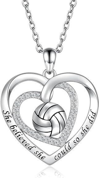 925 Sterling Silver Volleyball Heart Necklace Pendant Jewelry Gift for Women   Jewelry for Volleyball Lover: Engraved with"She believed she could so she did", The sterling silver volleyball necklace is fun to wear and they make a statement! A cute accessory to your outfit or volleyball themed things. Wear them to a volleyball match, sports event, or just to brighten up a day! High Quanity Material: Made of 925 sterling silver. lead-free, nickel-free, cadmium-free, hypoallergenic. It will not cau Volleyball Bracelets, Gifts For Volleyball Players, Volleyball Heart, Volleyball Teams, Volleyball Match, Volleyball Necklace, Volleyball Jewelry, Soccer Jewelry, Recognition Gifts