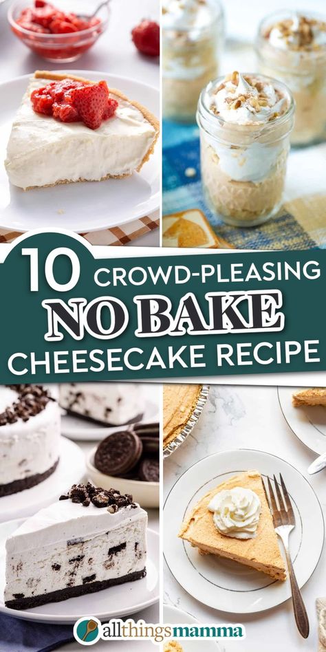 collage image showing No-Bake Cheesecake Recipes. No Cook Cheesecake Recipes Simple, Bakeless Cheesecake Recipes, Cheesecake Type Desserts, Vanilla Pudding Cheesecake No Bake, Jello No Bake Cheesecake Box Recipes, No Bake Cheesecake Recipes Cool Whip, Ni Bake Cheesecake Recipe, Philadelphia No Bake Cheesecake Recipes, Recipes Using Philadelphia Cheesecake No Bake Filling